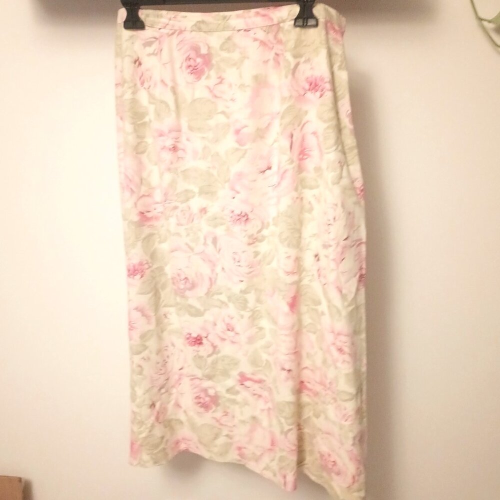 Women's Coldwater Creek Linen Blend Midi Maxi floral pink cream skirt. Large